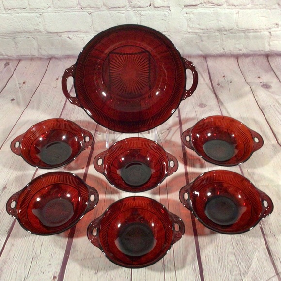 Vintage Anchor Hocking Ruby Red Glass Coronation Pattern 7 Piece Bowl Set - Picture 2 of 15